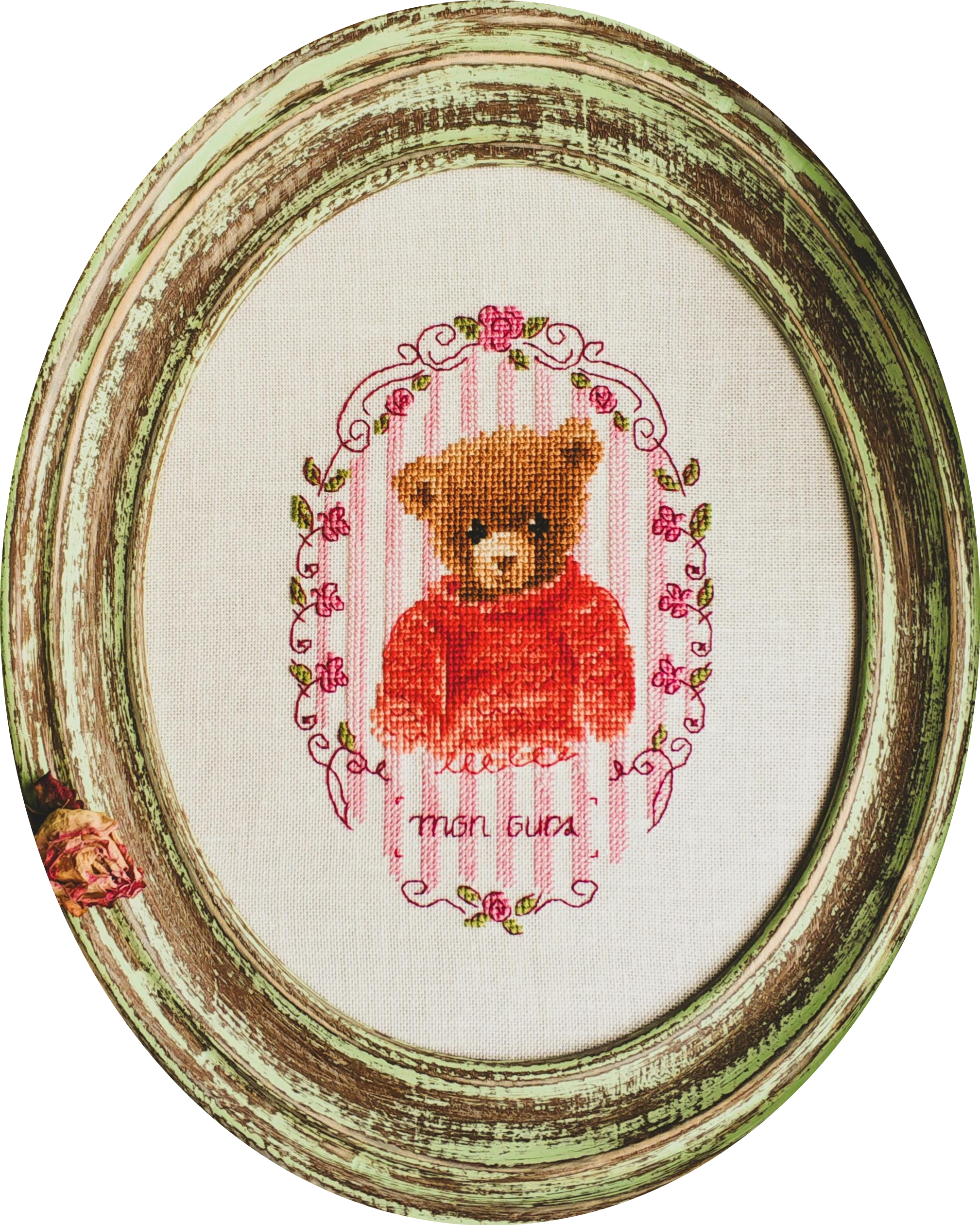pink crossstitch bear image in a oval frame